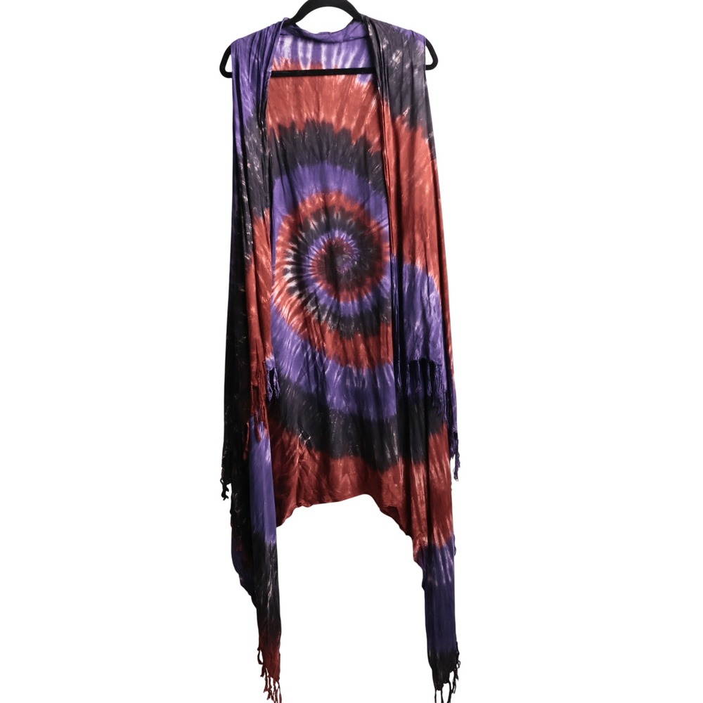 Tie‎ Dye Spiral Long Fringe Vest Purple Orange Sleeveless Cardigan Kimono Hippie